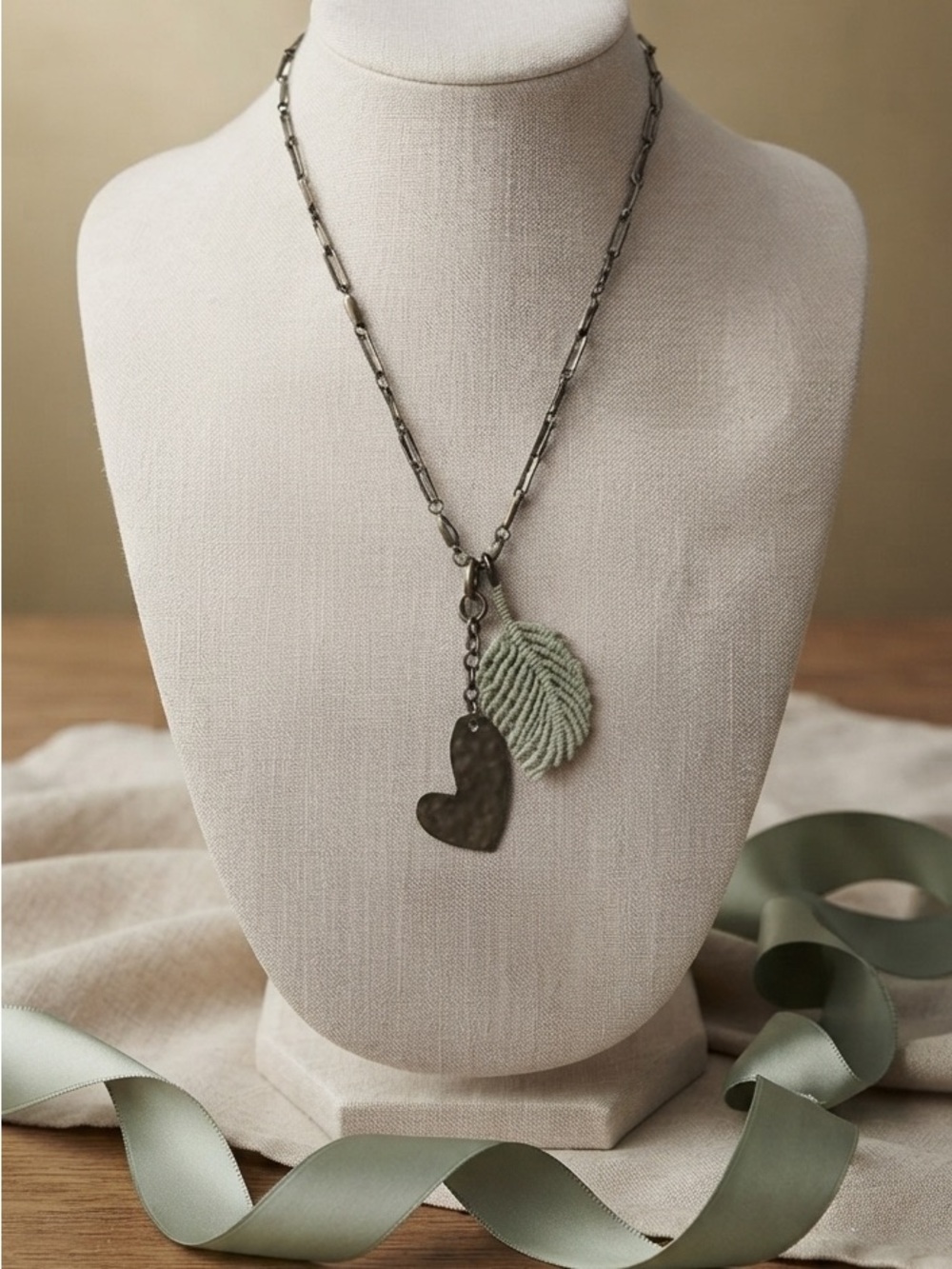 Moon’C Paris Long Boho Pewter Heart & Sage Leaf Lariat Necklace